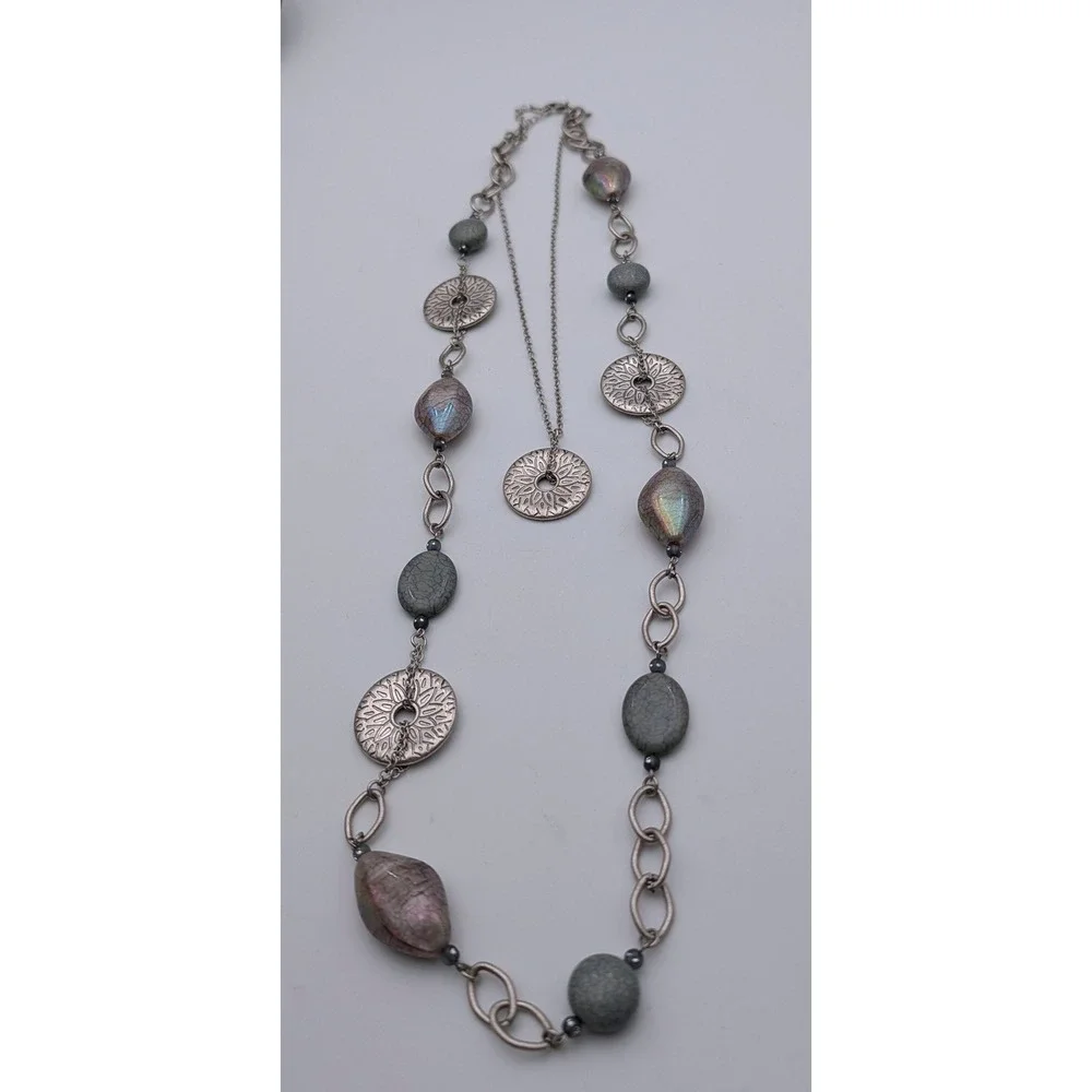 Silpada Silver Tone Beaded Medallion Layered Necklace Grey Iridescent Boho 36in